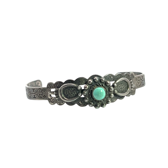 Native American Sterling Silver, turquoise child's Fred Harvey style cuff bracelet