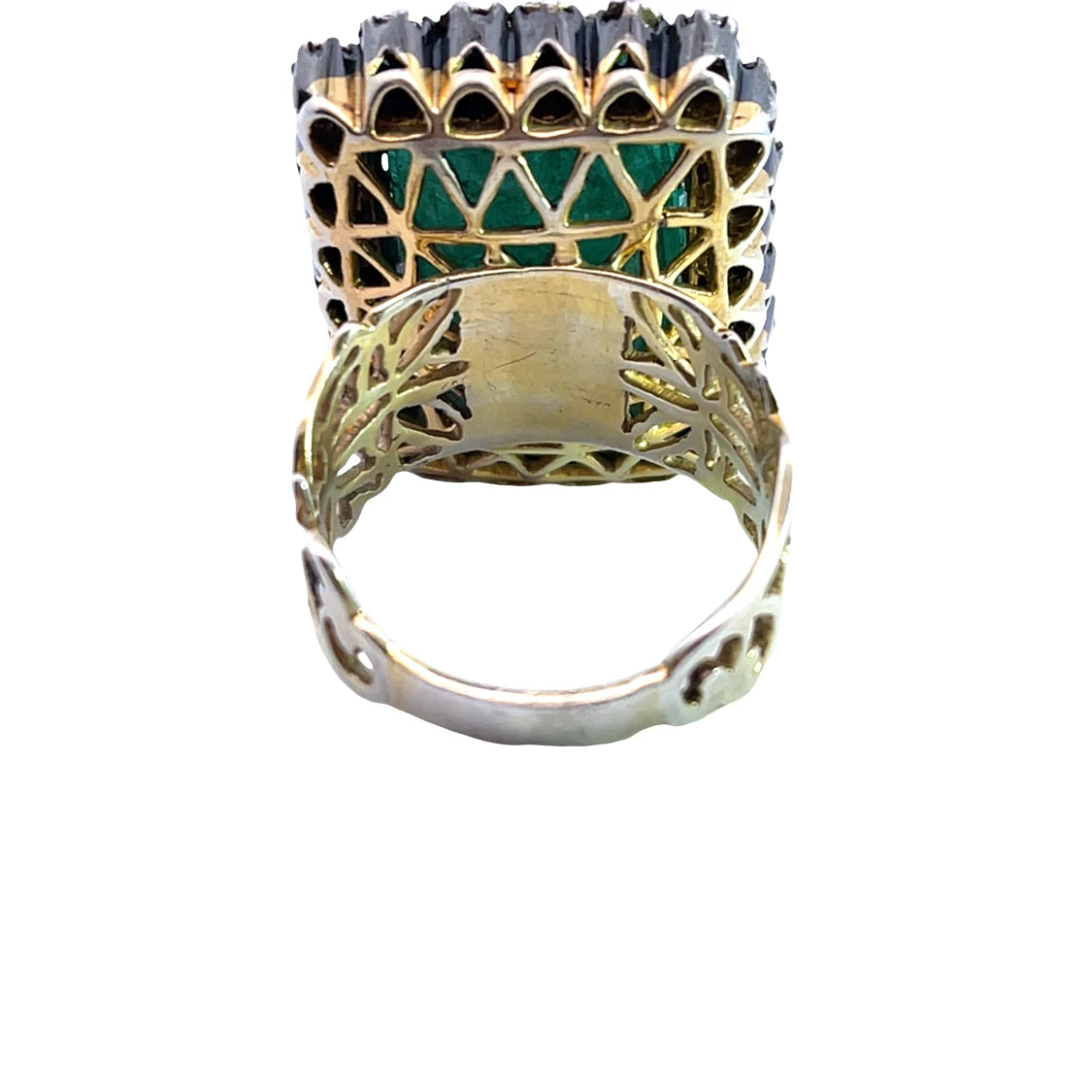 Modern Sterling Silver vermeil gold, carved emerald and polki diamond halo ring