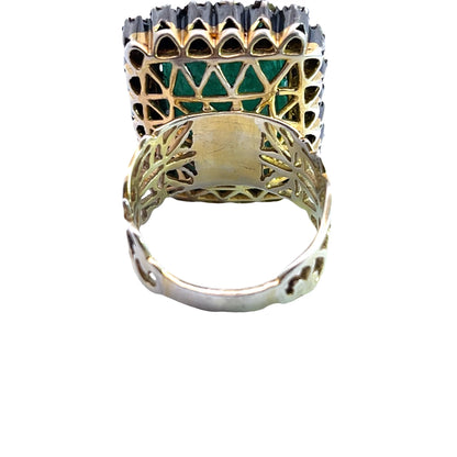 Modern Sterling Silver vermeil gold, carved emerald and polki diamond halo ring