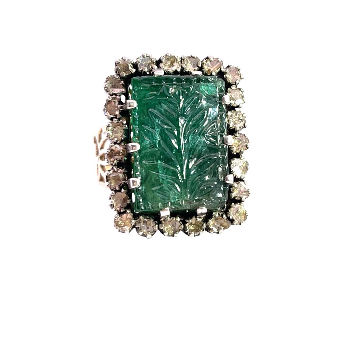 Modern Sterling Silver vermeil gold, carved emerald and polki diamond halo ring