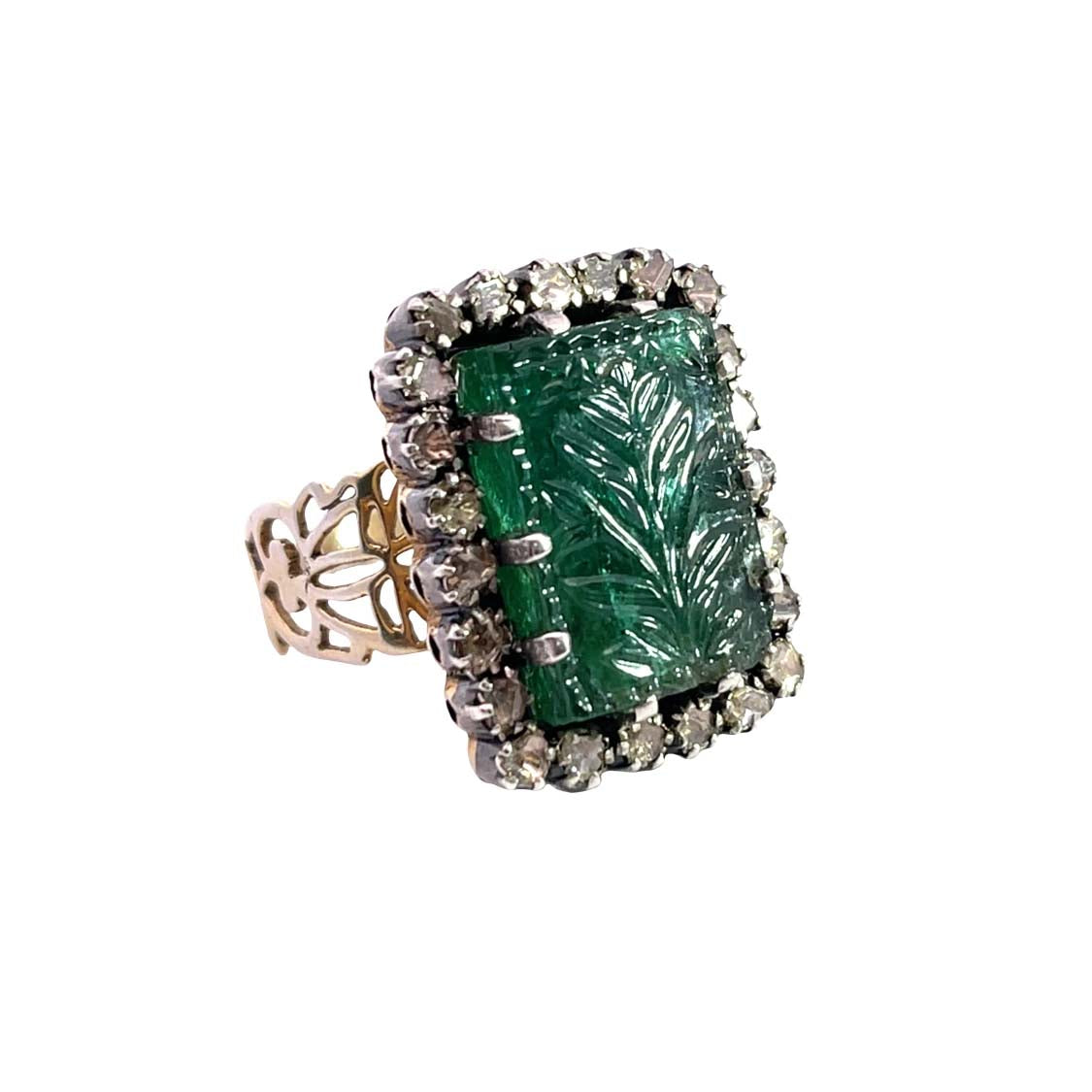 Modern Sterling Silver vermeil gold, carved emerald and polki diamond halo ring