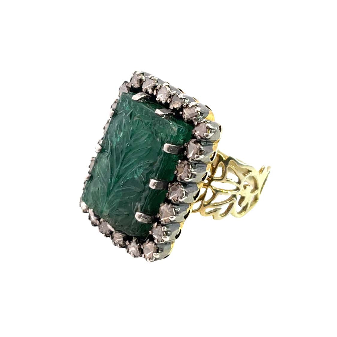 Modern Sterling Silver vermeil gold, carved emerald and polki diamond halo ring