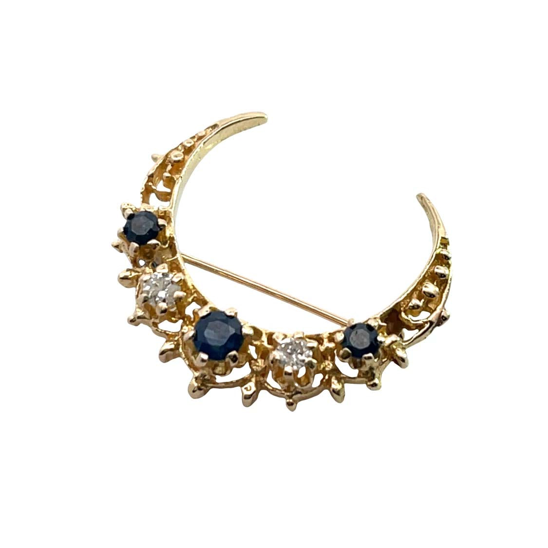 Victorian 14KY gold, natural diamond and sapphire crescent moon pin