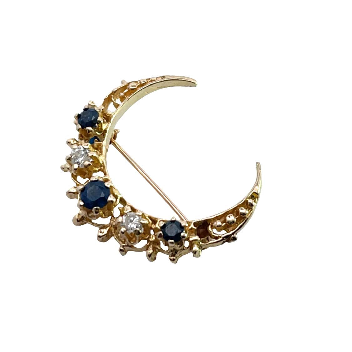 Victorian 14KY gold, natural diamond and sapphire crescent moon pin