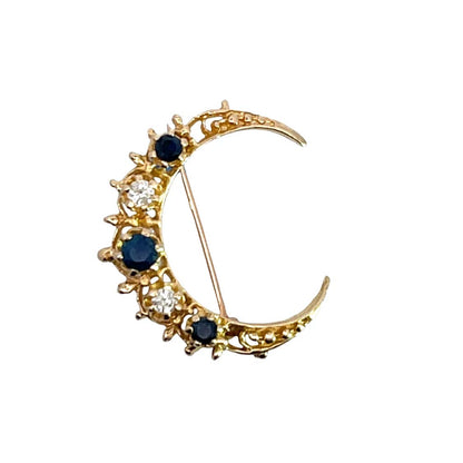 Victorian 14KY gold, natural diamond and sapphire crescent moon pin