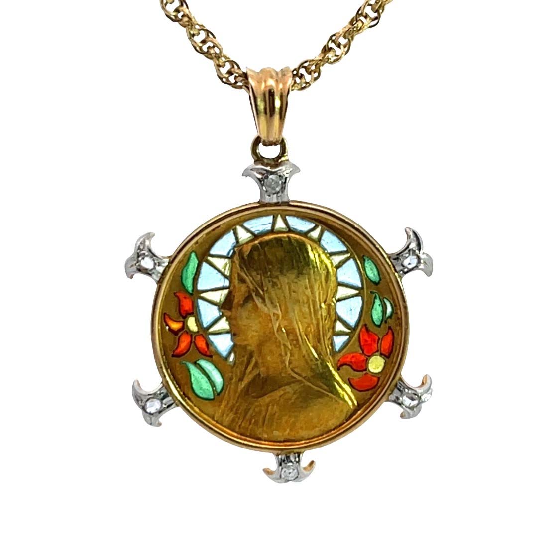 Victorian 18KY gold, diamond and 'Plique a Jour' Mother Mary pendant
