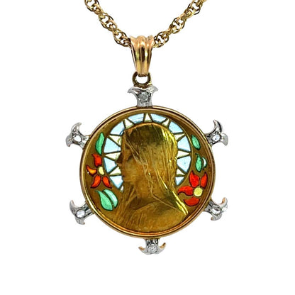 Victorian 18KY gold, diamond and 'Plique a Jour' Mother Mary pendant