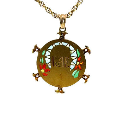 Victorian 18KY gold, diamond and 'Plique a Jour' Mother Mary pendant