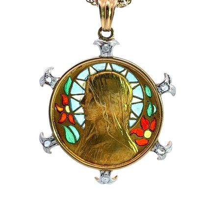 Victorian 18KY gold, diamond and 'Plique a Jour' Mother Mary pendant