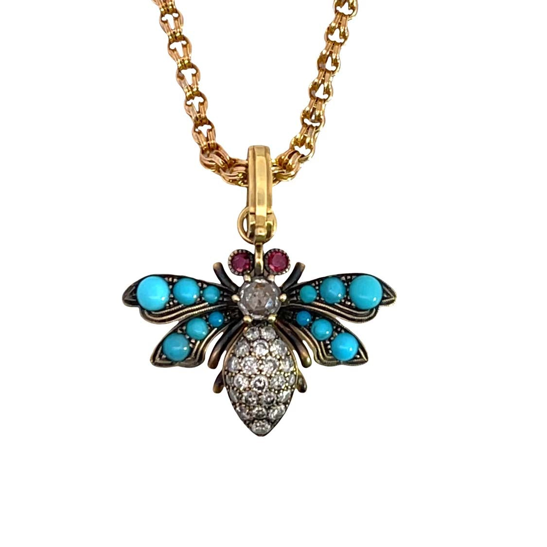 Modern 18KY gold, diamond, ruby, turquoise Sylva & Cie bee pendant