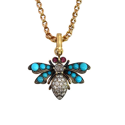 Modern 18KY gold, diamond, ruby, turquoise Sylva & Cie bee pendant