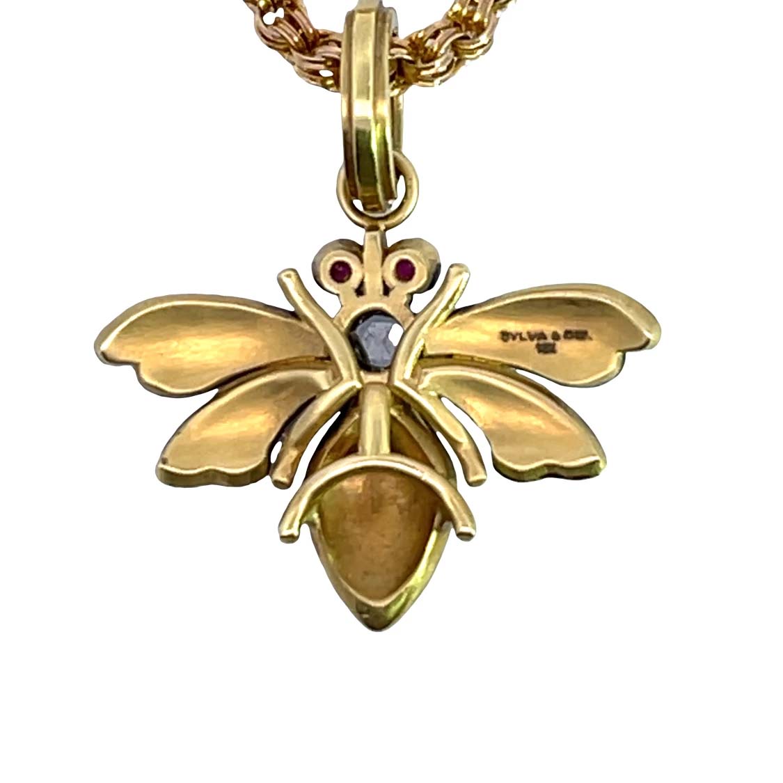Modern 18KY gold, diamond, ruby, turquoise Sylva & Cie bee pendant