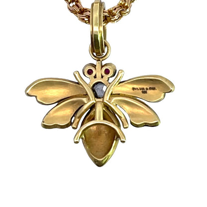 Modern 18KY gold, diamond, ruby, turquoise Sylva & Cie bee pendant