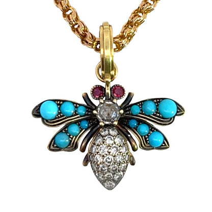 Modern 18KY gold, diamond, ruby, turquoise Sylva & Cie bee pendant