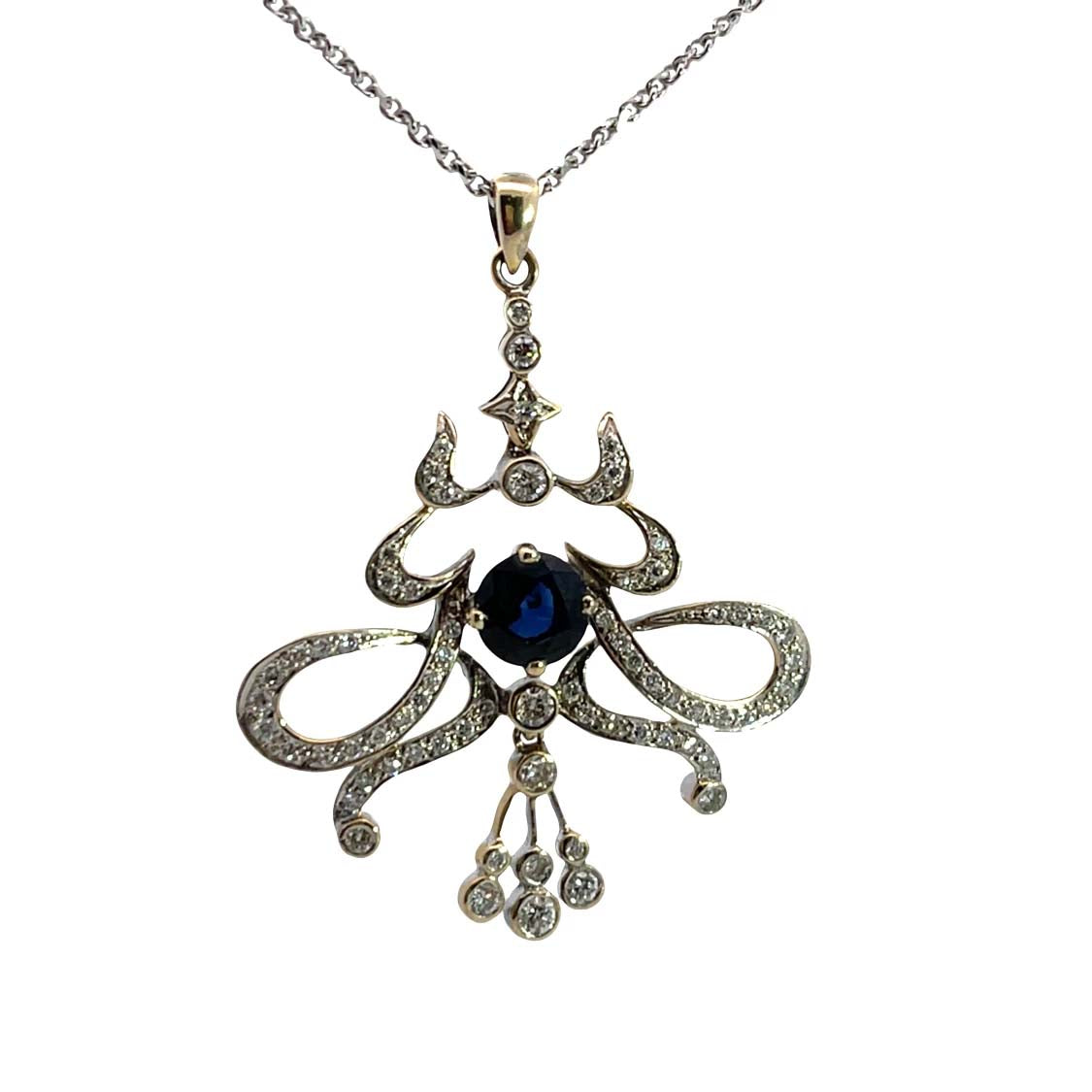 Art Deco 14K white gold, yellow gold diamond and sapphire lavaliere necklace