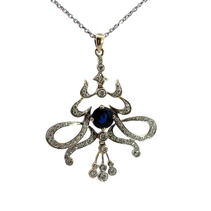 Art Deco 14K white gold, yellow gold diamond and sapphire lavaliere necklace