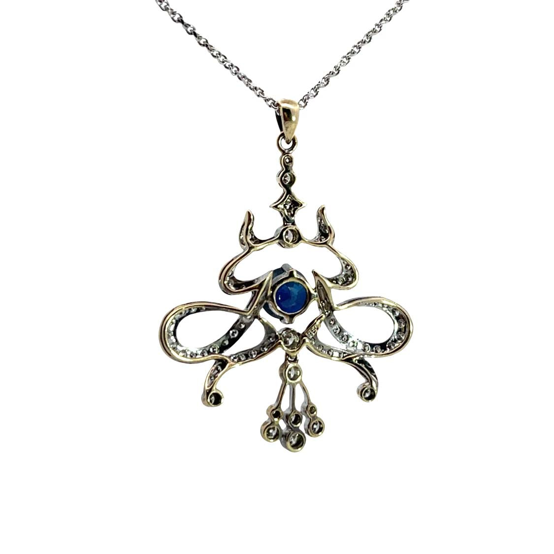 Art Deco 14K white gold, yellow gold diamond and sapphire lavaliere necklace