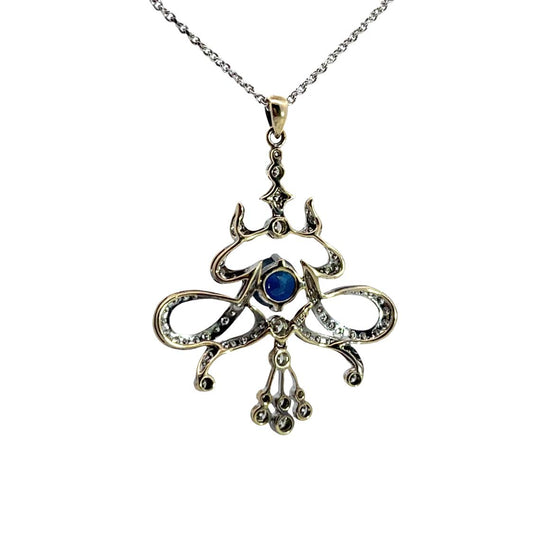 Art Deco 14K white gold, yellow gold diamond and sapphire lavaliere necklace