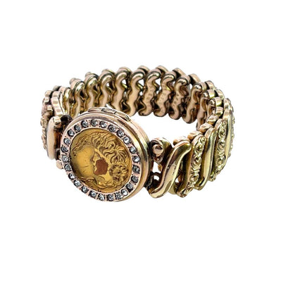 Art Noveau Gold filled portrait, paste gems, locket stretch bracelet