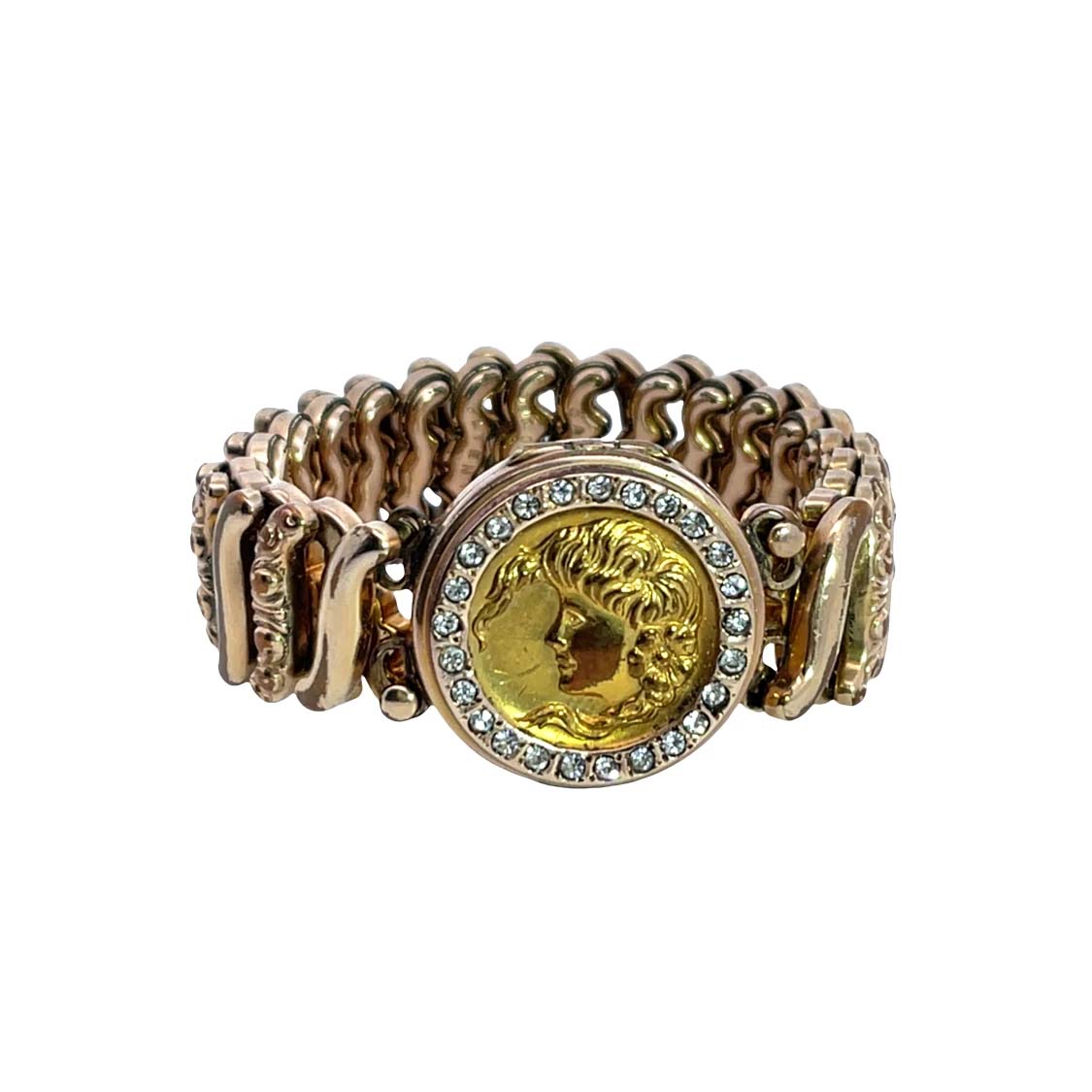 Art Noveau Gold filled portrait, paste gems, locket stretch bracelet