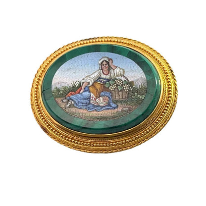 Victorian 18KY gold, malachite and micro-mosaic pin