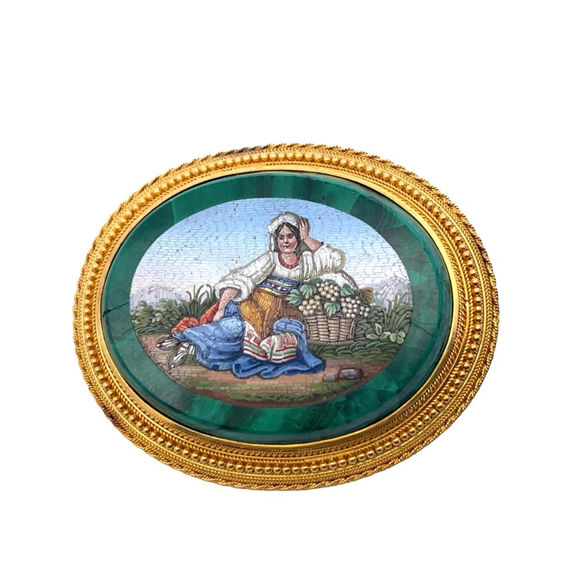 Victorian 18KY gold, malachite and micro-mosaic pin
