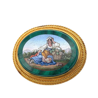 Victorian 18KY gold, malachite and micro-mosaic pin