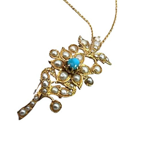 Georgian 18KY gold, turquoise and seed pearl pendant with cable chain