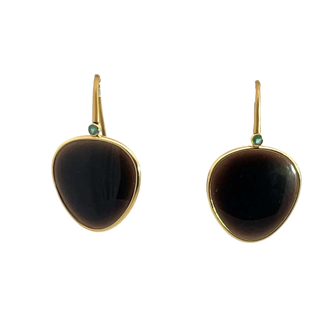 Modern 18KY gold, obsidian slices, and emerald shepherd's hook earrings