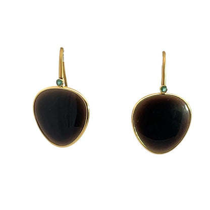 Modern 18KY gold, obsidian slices, and emerald shepherd's hook earrings