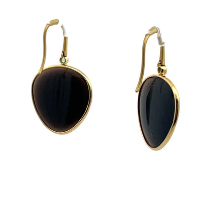 Modern 18KY gold, obsidian slices, and emerald shepherd's hook earrings