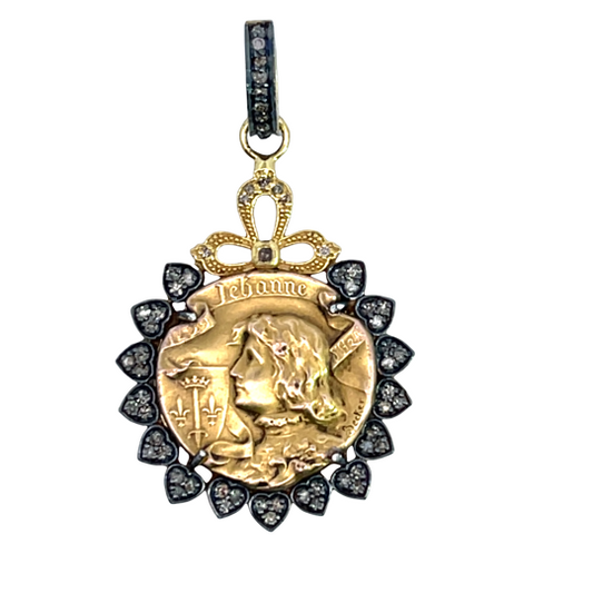 Modern and Art Noveau Joan of Arc Medallion converted with setting and diamonds to a pendant