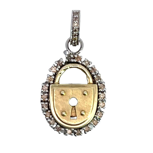 Modern 14KY gold, sterling silver and natural diamond padlock pendant