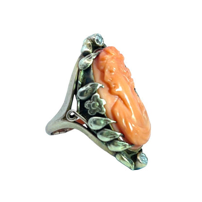 Victorian 10K yellow gold, Carved Coral and Old Mine Cut Diamond ring