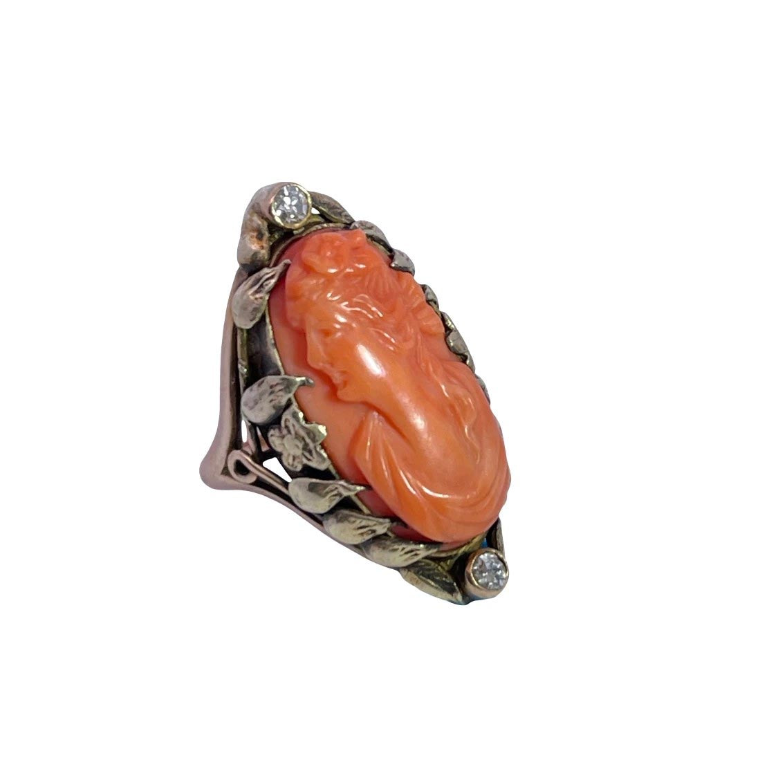 Victorian 10K yellow gold, Carved Coral and Old Mine Cut Diamond ring