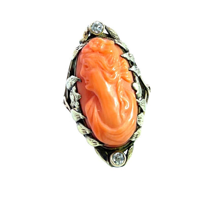 Victorian 10K yellow gold, Carved Coral and Old Mine Cut Diamond ring