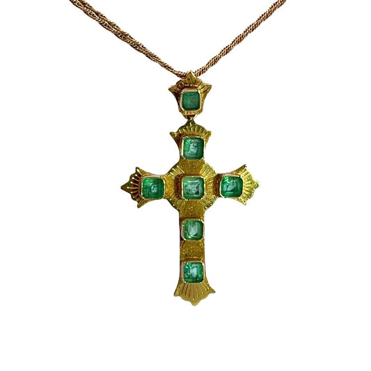 Vintage 18KY gold and emerald cross pendant