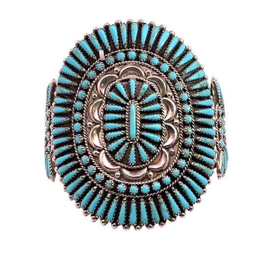 Native American Sterling Silver Wide Petit Point Zuni Turquoise cuff bracelet
