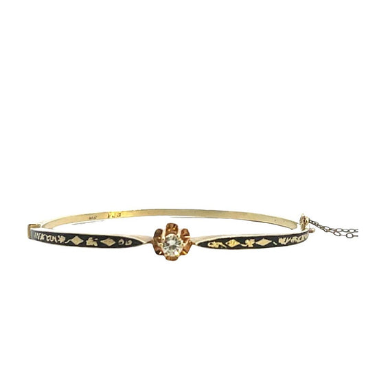 Victorian 14KY gold, natural diamond and black enamel hinged bracelet