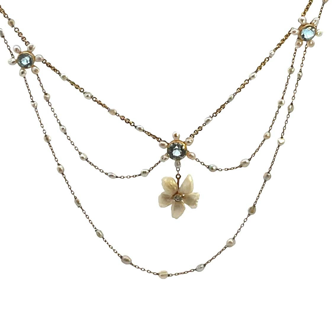 Victorian 14K Yellow Gold, diamond, pearl and natural aquamarine 'Festoon' style Necklace
