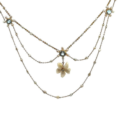 Victorian 14K Yellow Gold, diamond, pearl and natural aquamarine 'Festoon' style Necklace