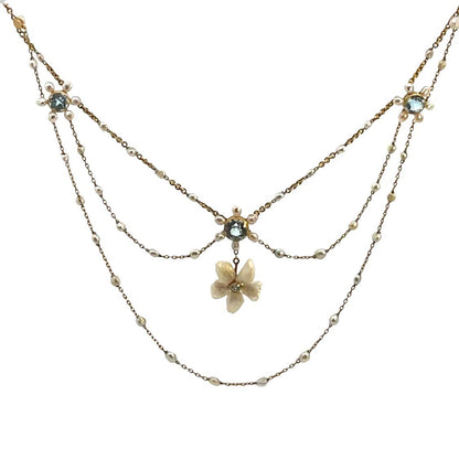 Victorian 14K Yellow Gold, diamond, pearl and natural aquamarine 'Festoon' style Necklace