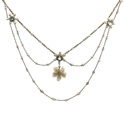Victorian 14K Yellow Gold, diamond, pearl and natural aquamarine 'Festoon' style Necklace