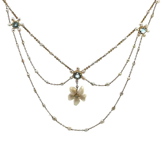 Victorian 14K Yellow Gold, diamond, pearl and natural aquamarine 'Festoon' style Necklace