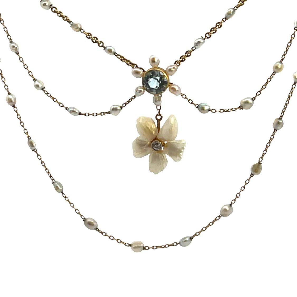 Victorian 14K Yellow Gold, diamond, pearl and natural aquamarine 'Festoon' style Necklace