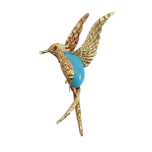 Mid Century Modern 18KY gold, ruby and enamel hummingbird brooch