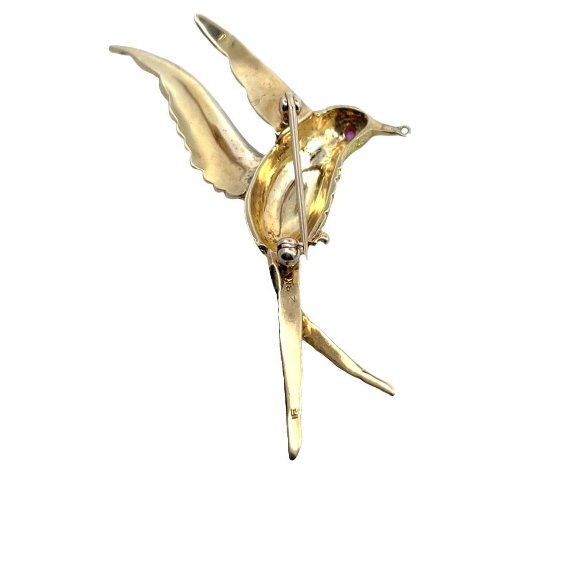 Mid Century Modern 18KY gold, ruby and enamel hummingbird brooch