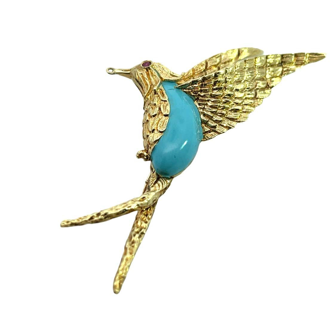 Mid Century Modern 18KY gold, ruby and enamel hummingbird brooch