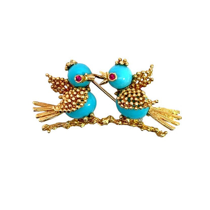 Mid Century Modern 18KY gold, ruby and turquoise brooch