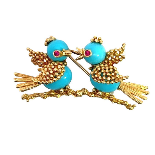 Mid Century Modern 18KY gold, ruby and turquoise brooch